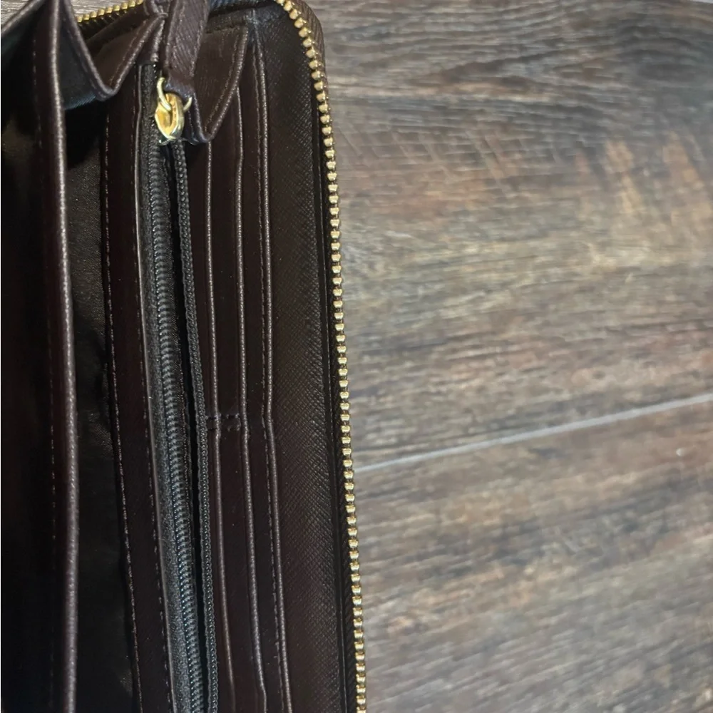 COACH Dark Brown Leather Zip-Around Wallet with Gold Logo